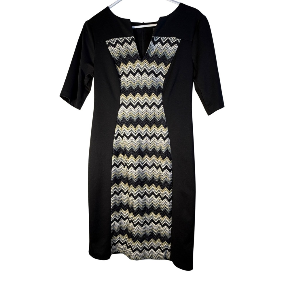 Connected Apparel Black Chevron‎ Metallic Optical Illusion Slimming Sheath Dress